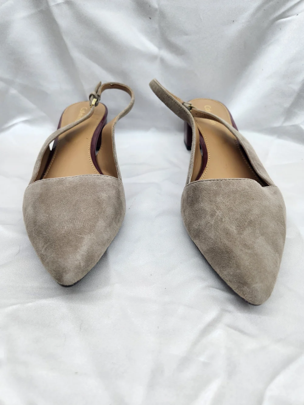 Calvin Klein Taupe Suede Pointed Slingback Kitten Heel